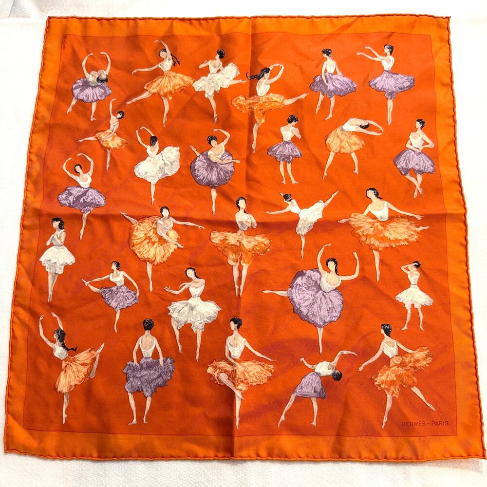 Hermes Paris Ballet Dancer 100% Silk Vintage Rolled Edge Pocket Square C 1961